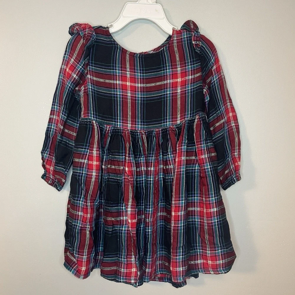 OshKosh Red Navy Plaid Party Dress‎ Gold Thread Size 2T EUC Holiday Pictures